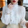 Elegant Fashion Ruffle Lace Chiffon Shirt Sweet Chic Long Puff Sleeve Women Blouse Tops Stand Collar Clothes Blusas 13433