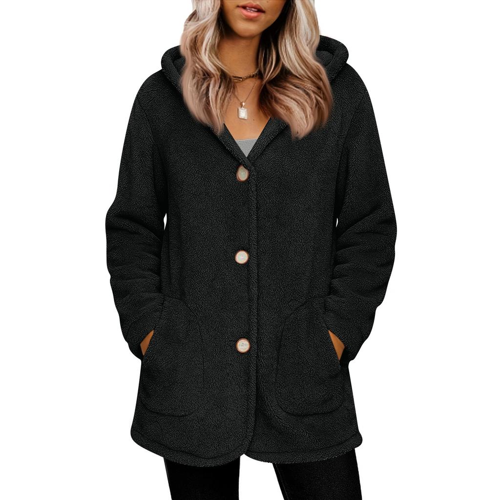 Women's Fashionable Solid Color Long Sleeved Pocket Loose Hooded Button Plush Jacket