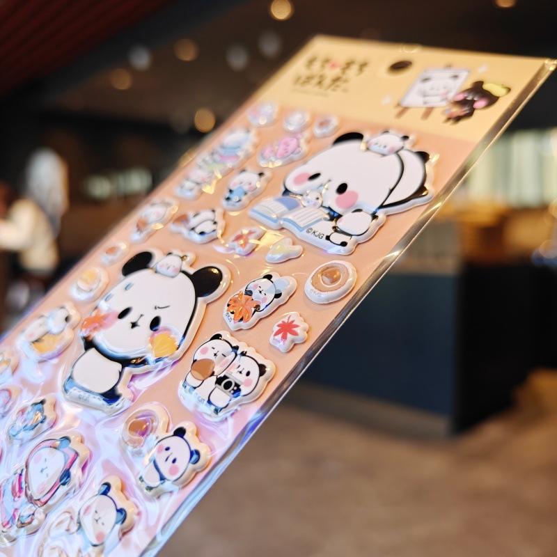 4pcs Panda Bubu And Yier 3D Bubble Stickers Sakura Ingenious Girl'S Diy Phone Case Camera Decoration Children'S Reward Toy