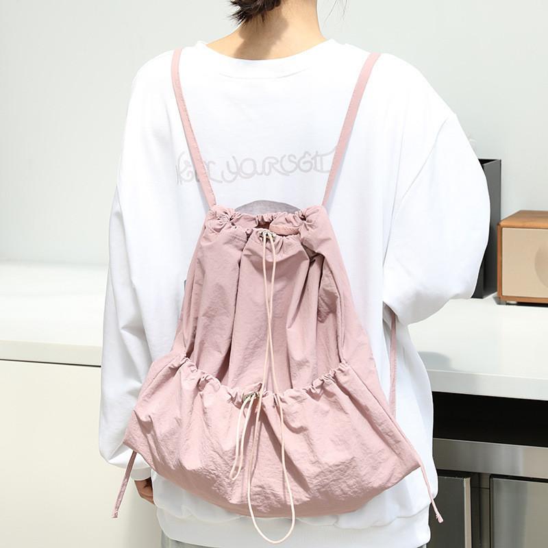 IELGY Japanese Casual Art Canvas Backpack, Fashionable Drawstring Pleated Schoolbag, Nylon Large-capacity Backpack, Khaki.