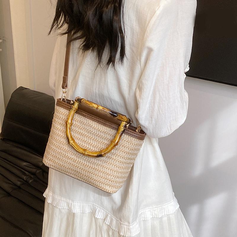 Yogodlns Плетеная сумка, летняя, новая, соломенная сумка с бамбуковой ручкой, простая, через плечо, сумка-ведро, женская сумка