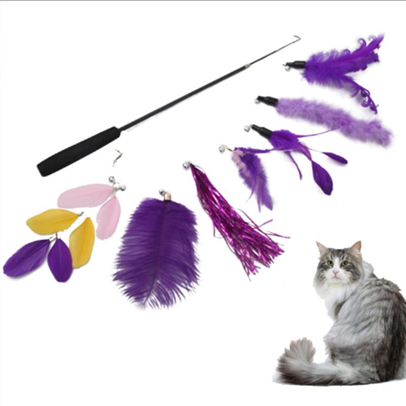 Cat Feather Toy 8PC Replacement Cat Stick With Bell Cat Feather Teaser Wand Pet Kitten Interactive Toy Retractable Fishing Road