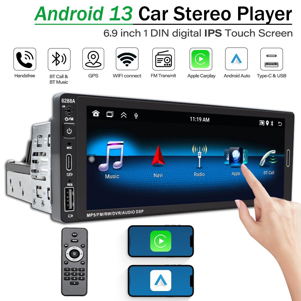6,9-дюймовый 1Din цифровой IPS сенсорный экран Android 13 автомобильный стерео видео авто радио мультимедийный плеер GPS навигация WiFi Bluetooth