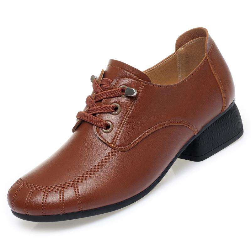 Spring Woman Lace-up Premium Breathable Leather Shoes Retro Casual Comfortable Versatile Soft Sole Square Heel Shoes