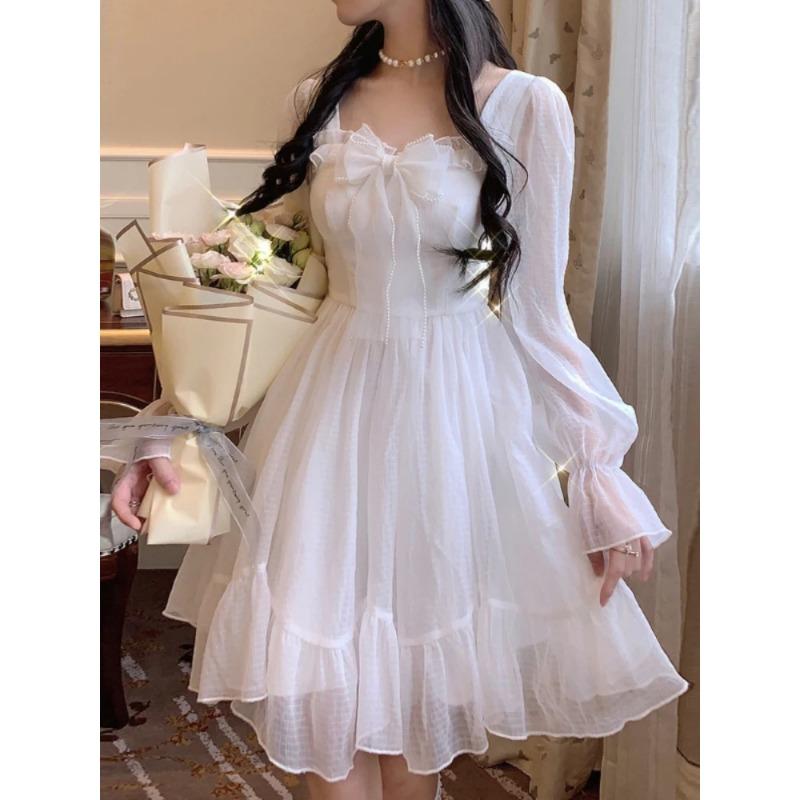 Белое кавайное платье, женское шифоновое мини-платье в стиле Лолиты с длинным рукавом, сказочный халат с бантом и оборками, лоскутное платье с квадратным воротником