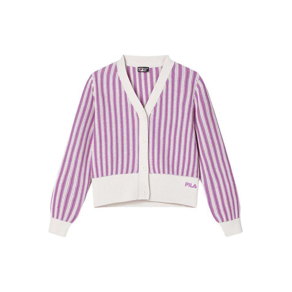 Fila Трикотажный топ с V-образным вырезом на пуговицах с длинными рукавами из серии Heritage с полным принтом в полоску женские топы фиолетовый красный F11W418408F-PU