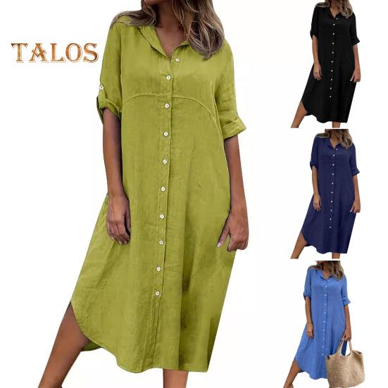Летнее женское платье, однобортное, с коротким рукавом, с отложным воротником, свободное однотонное платье с пуговицами, повседневное платье-миди