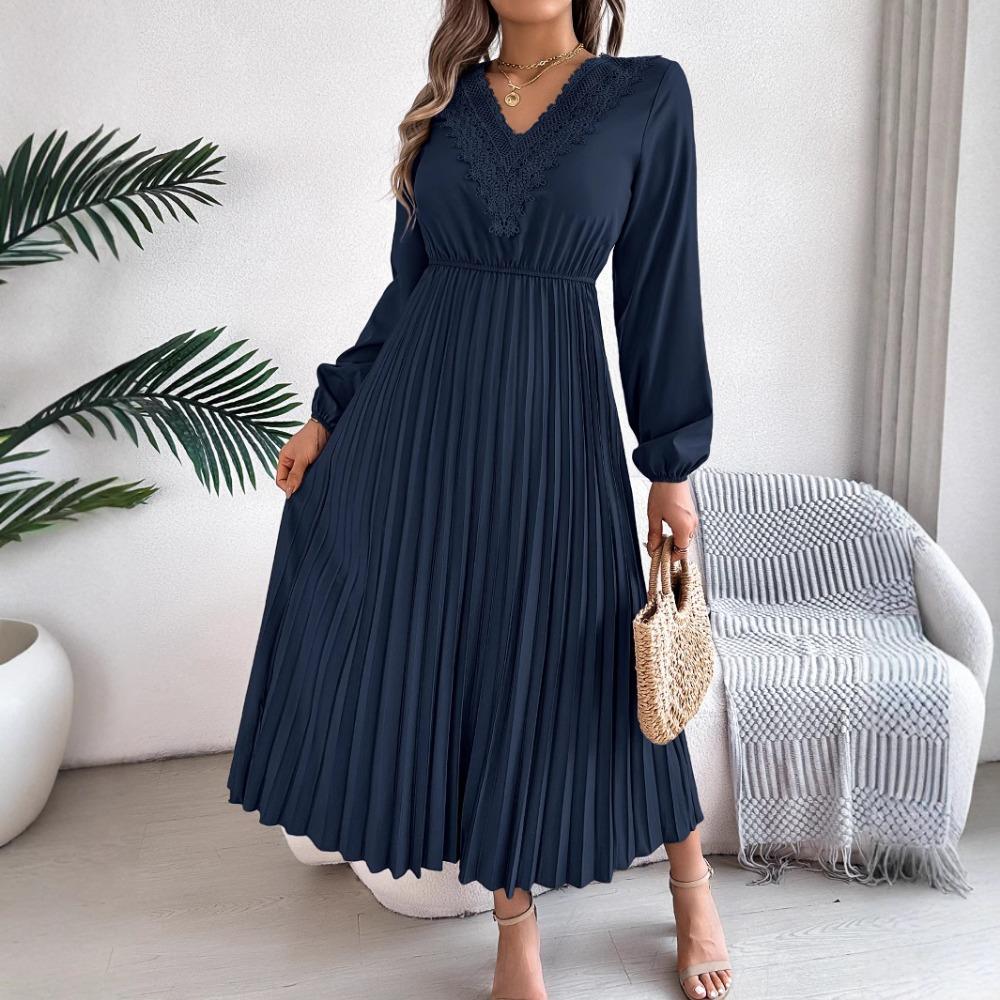 Spring and Summer Elegant Temperament V-neck Lace Waisted Pleated Long Women's Dresses Long Skirts