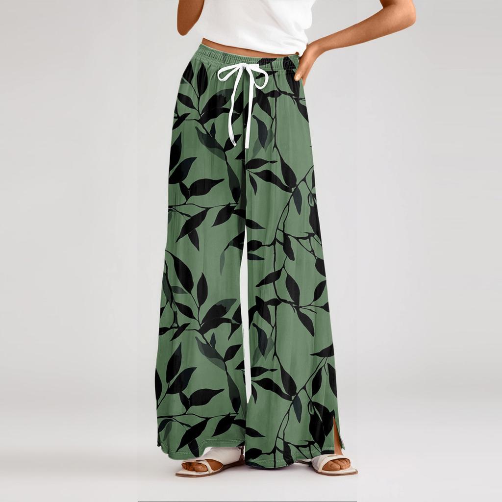 Women's Loose Casual Floral Print Wide Leg Pants With Elastic Waist Drawstring And Pocket Pants