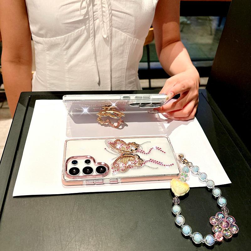 Suitable for Samsung S25ultra Mobile Phone Case S24 Jingdian Color Butterfly Diamond Ring Bracket S23 Fully Inclusive Anti Fall Protection Case