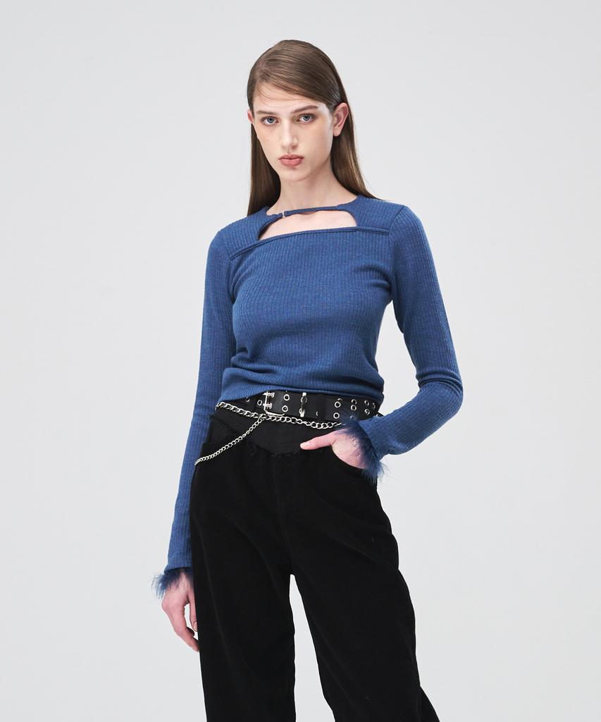 ETMON Fur Trimmed Strap T-Shirt Blue