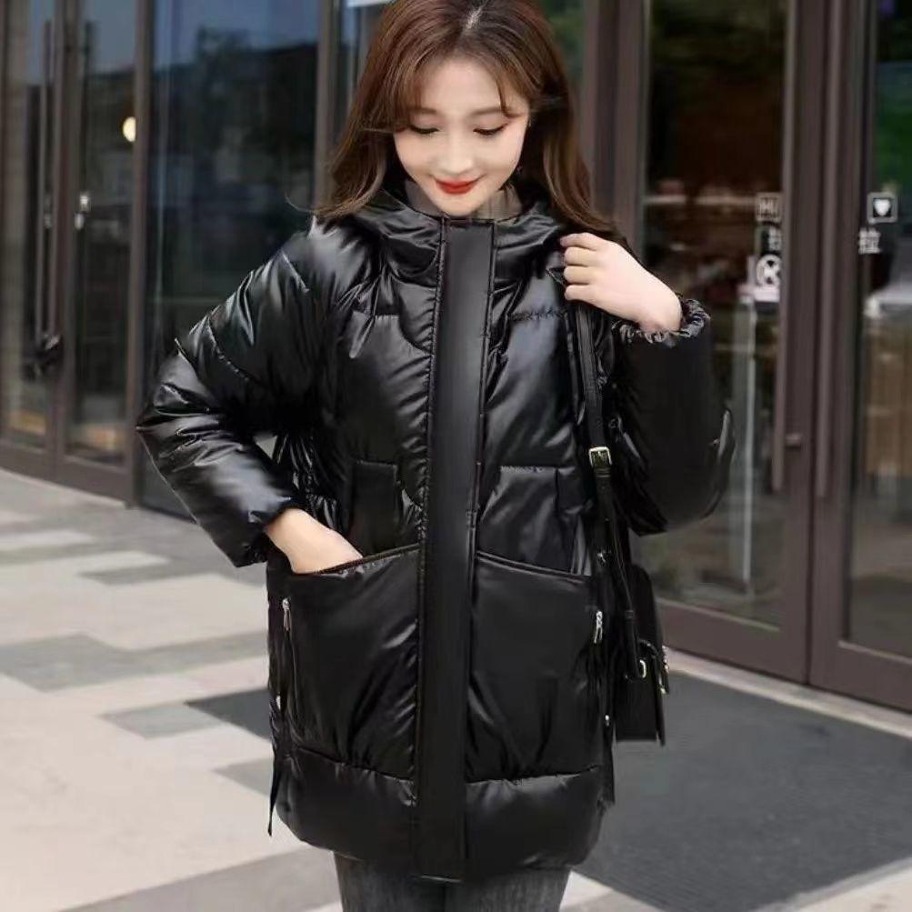 Autumn and Winter Women's Bright Hooded Large Pockets Loose Windproof Thickened Short Women's Jacket 4 Colors