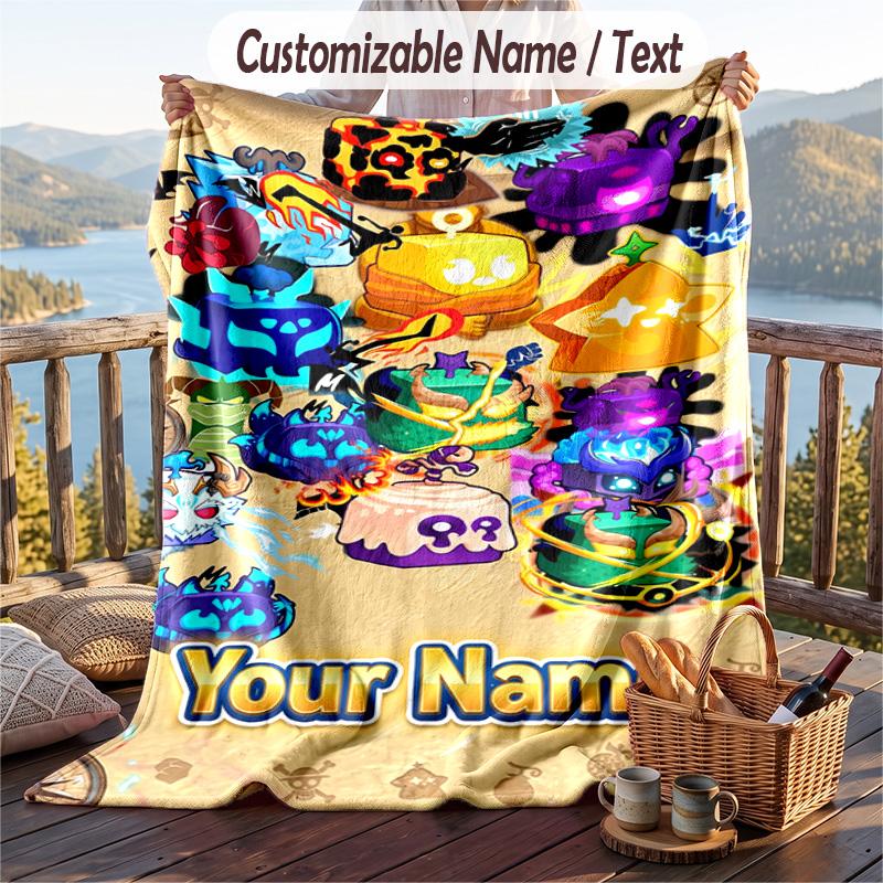 Blox Fruits Flannel Blanket, Personalized Custom Name Text, Soft Warm Plush Throw Blanket For Gift