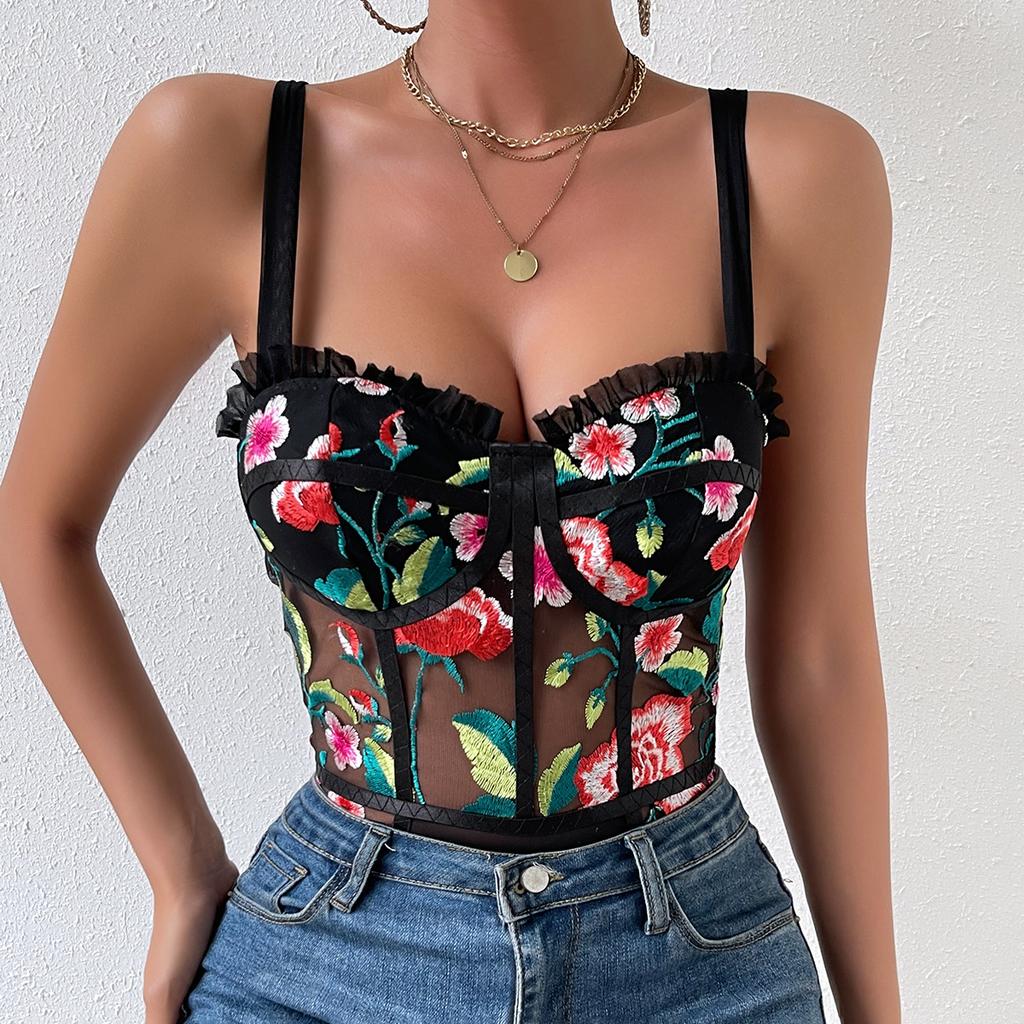 Новый сексуальный фрагментированный боди с цветочной вышивкой и перспективным деревянным ушным краем
