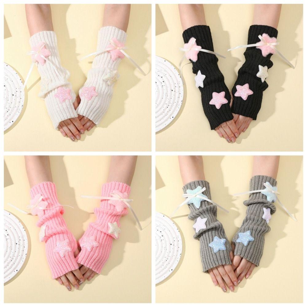 Y2K Arm Warmers Plush Stars Knitted Arm Sleeves Fashion Long Wrist Gloves Women