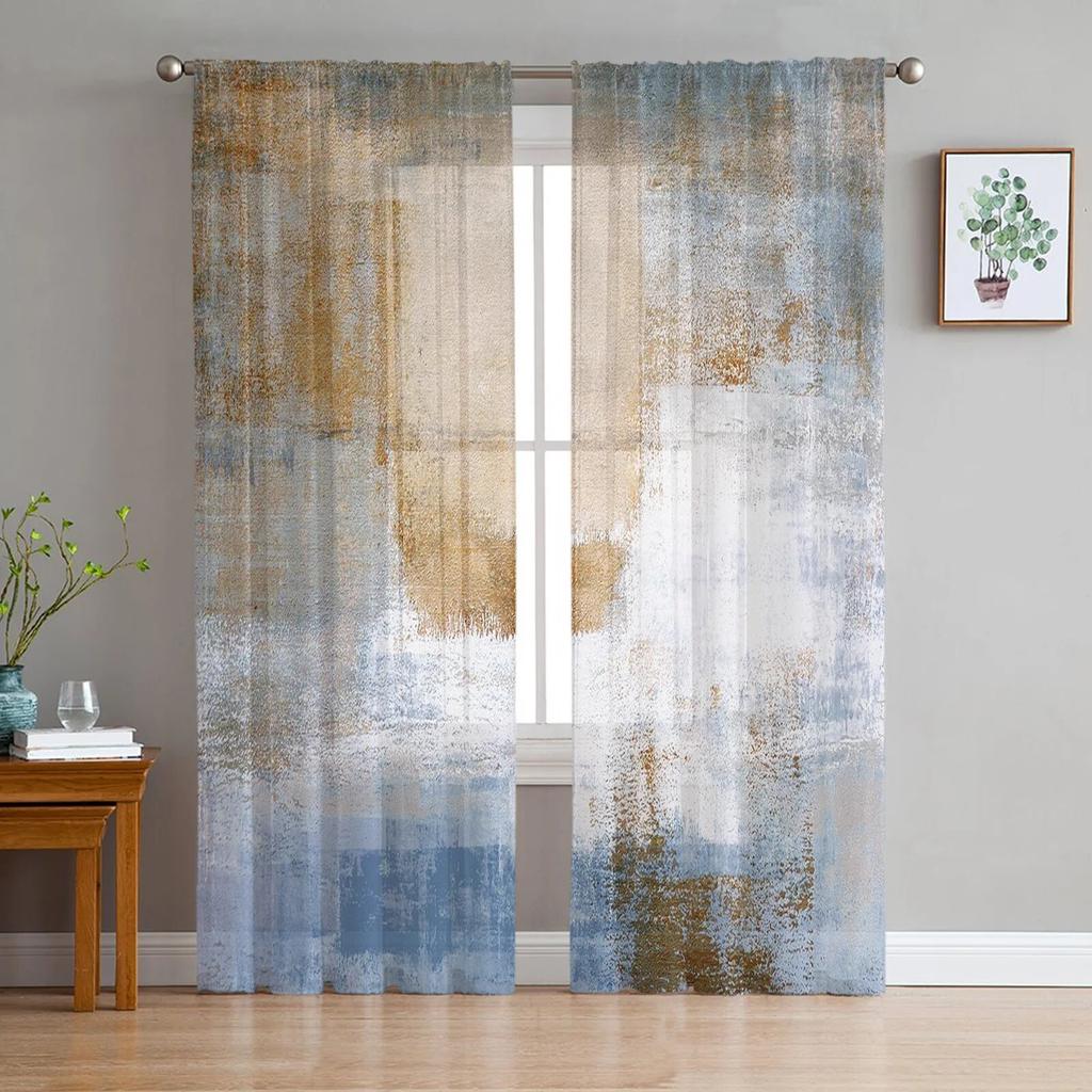 Luxury Tulle Curtains Color Painting Modern Living Room Kitchen Chiffon Curtain Youth Bedroom Sheer Floor Valance Curtain