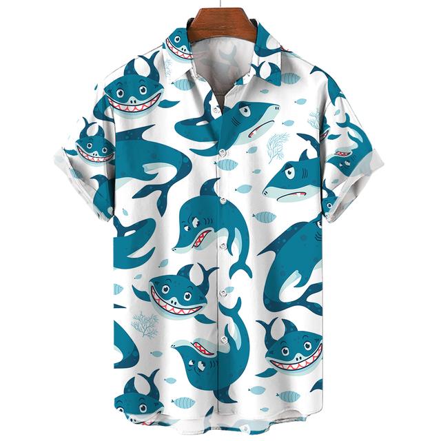 Новые мужские рубашки с 3D принтом животных, модная уличная рубашка на пуговицах с короткими рукавами и лацканами для мужчин, блузка с гавайской акулой, футболка