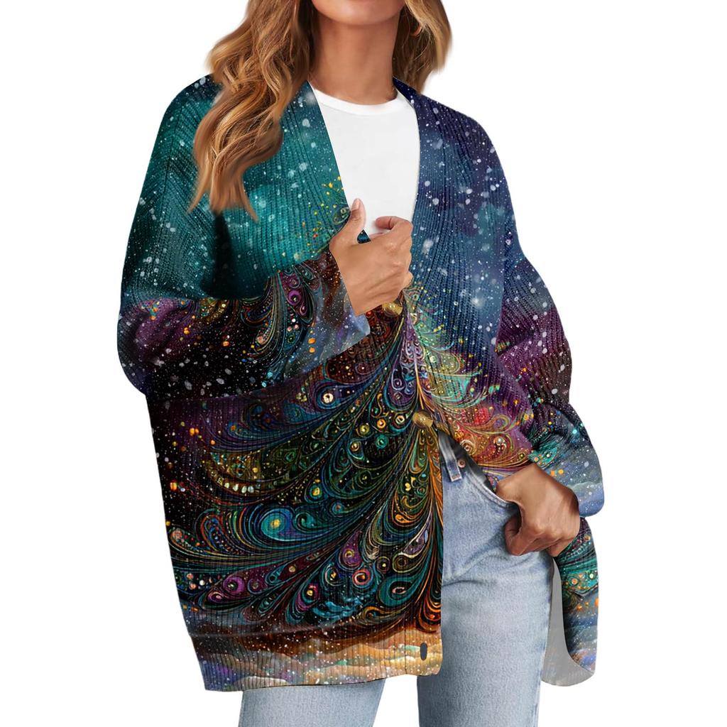 Женский модный кардиган с длинным рукавом, V-образным вырезом, на пуговицах, свободного кроя, с рождественским принтом