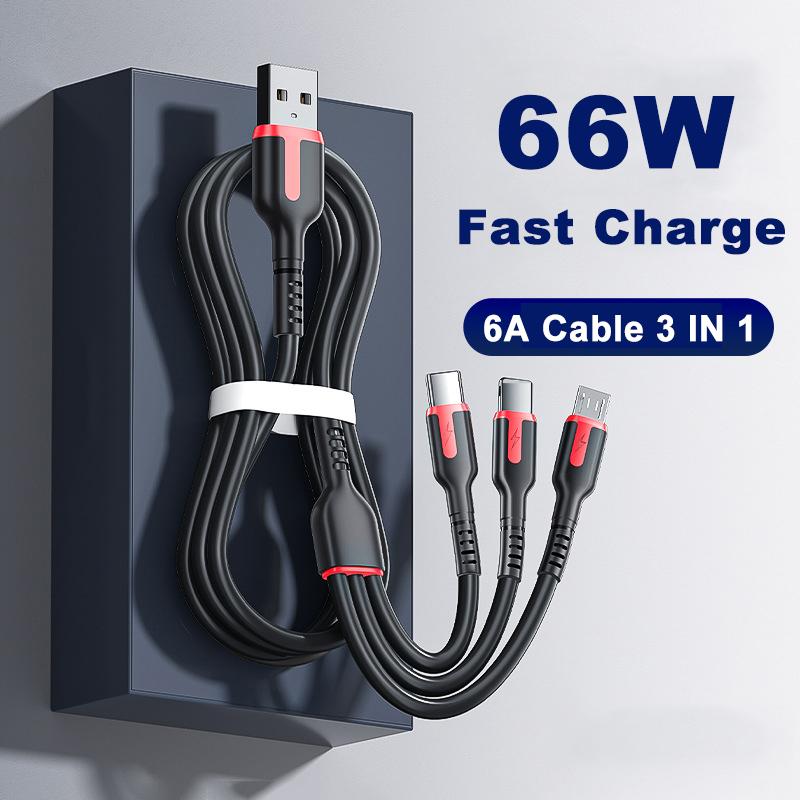 VAORLO Зарядный кабель 3 в 1, 1,8 м, 6 А, 66 Вт, для быстрой зарядки Type-C Micro IOS, пружинный кабель, передача данных 480 Мбит/с для Android Iphone