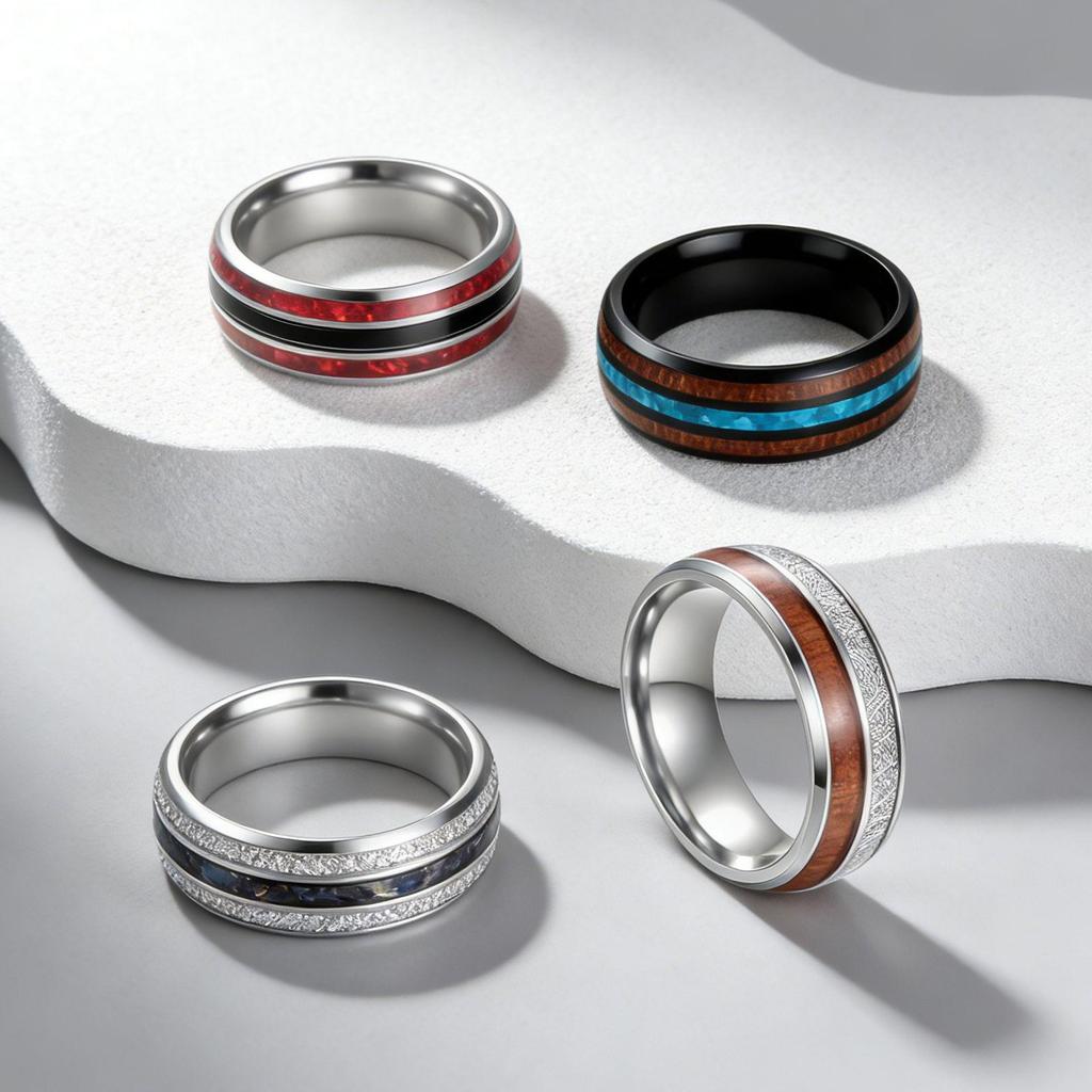 Мужское кольцо из титановой стали с инкрустацией из древесины акации и перламутра