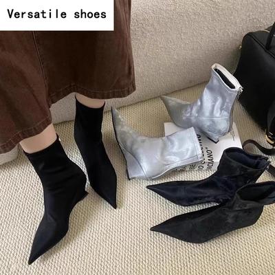 Зимние женские эластичные современные сапоги модные короткие ботильоны с острым носком женские элегантные туфли на низком каблуке Botas Mujer