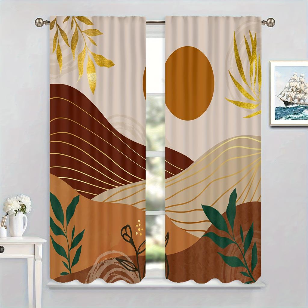 2 Panels Leaf Nordic Geometric Printed Curtain Rod Pocket Window Treatment For Bedroom Office Kitchen Living Room Home Decor