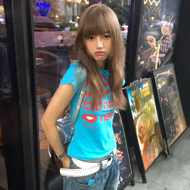 Japanese Y2k Letter Print T-shirt Trashy 2000s Style Crop Top Vintage Harajuku Short Sleeve Tee Shirt American Retro 90s
