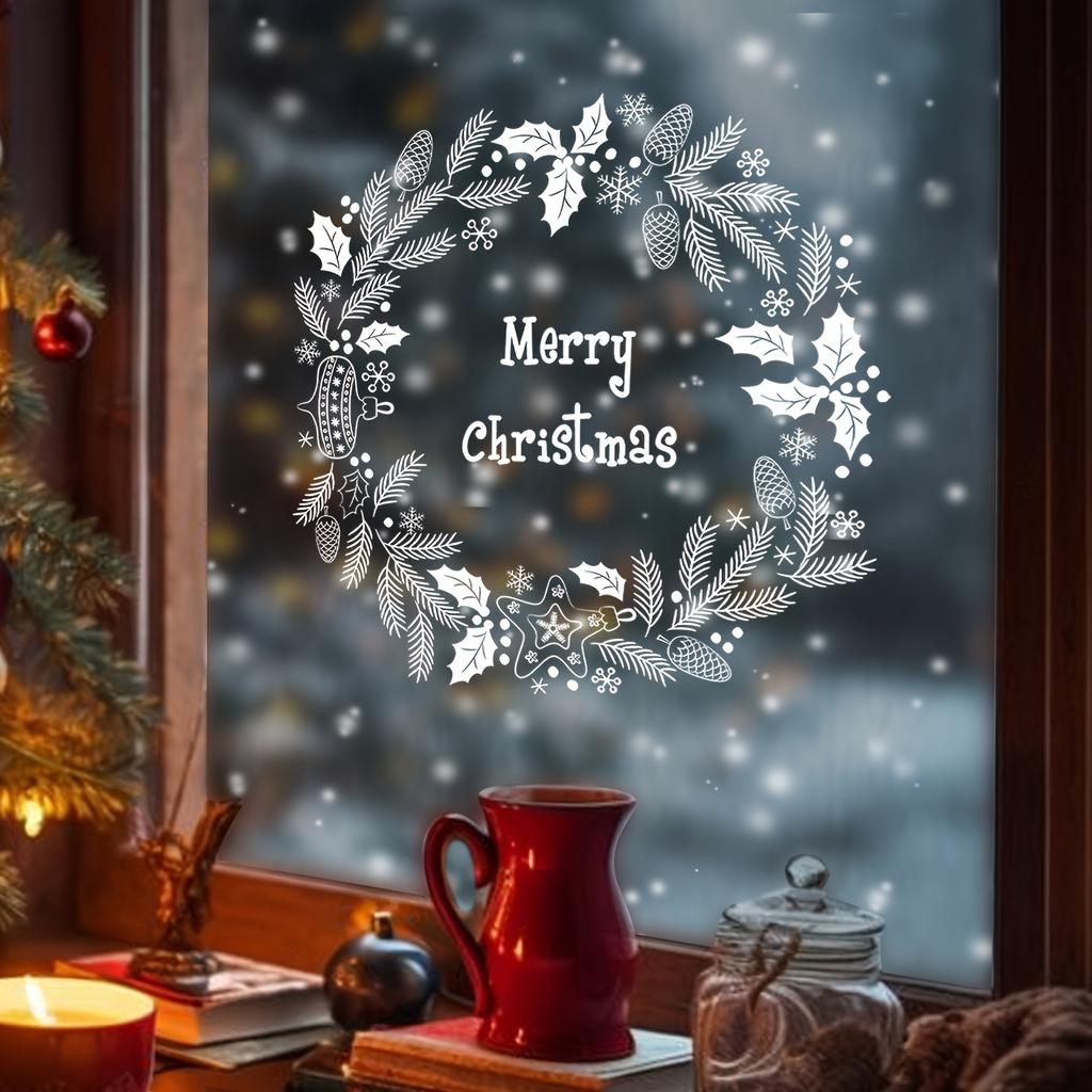 Merry Christmas" Wreath Sticker - Static Cling, & Heat Resistant, Reusable, Festive Window Decoration | Christmas Decorations