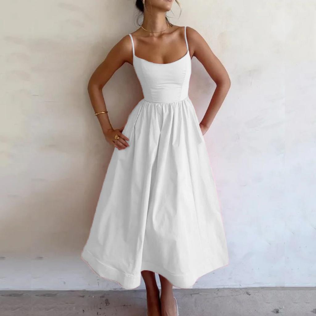 U Neck Solid Color Dress Waist Hugging Elegant Strap Dress for Women Sleeveless Loose Dresses Causal Dress