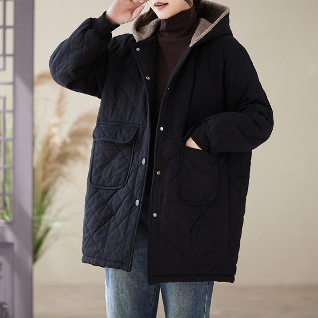 Женская стеганая хлопковая куртка средней длины с капюшоном – Теплая овечья шерсть, Доступна в оранжево-красном, кофейно-зеленом, черном цвете