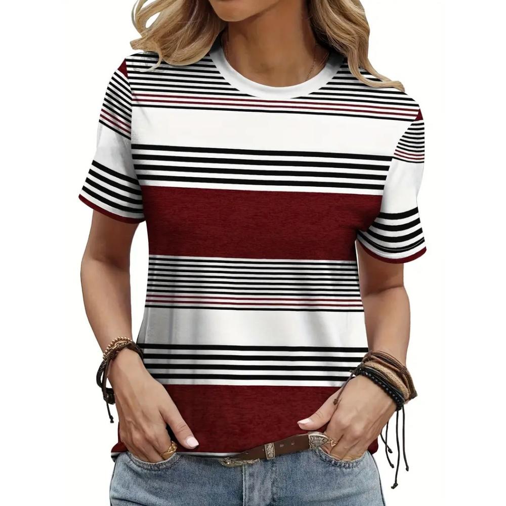 Fashion Women's T-Shirt Stripe Splicing Woman T-Shirt Summer Round Neck Short Sleeve Tops Loose Casual Loose Oversize Clothing