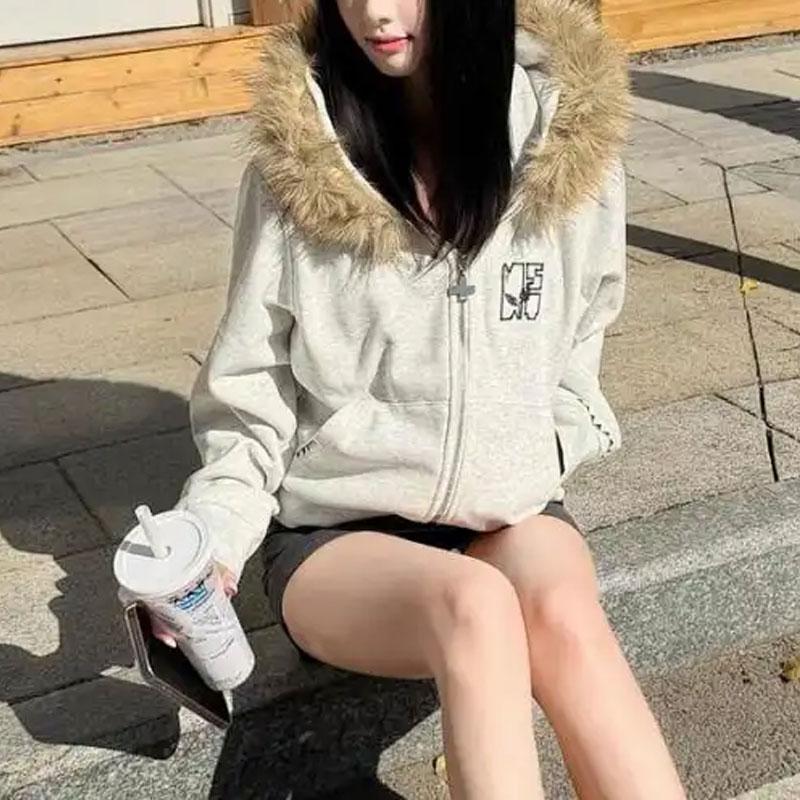 Women's Clothing Vintage Hooded Sweatshirts High Street Letter Embroidery Autumn Winter Fleece Zipper Stylish Fur Collar Hoodies