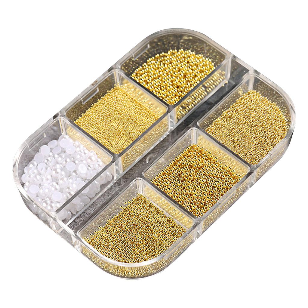 6 Grids 3D Pearl Nail Charms for Acrylic Nails Steel Beads Nail Pearl Mixed Nail Art Craft DIY Nail Decorations