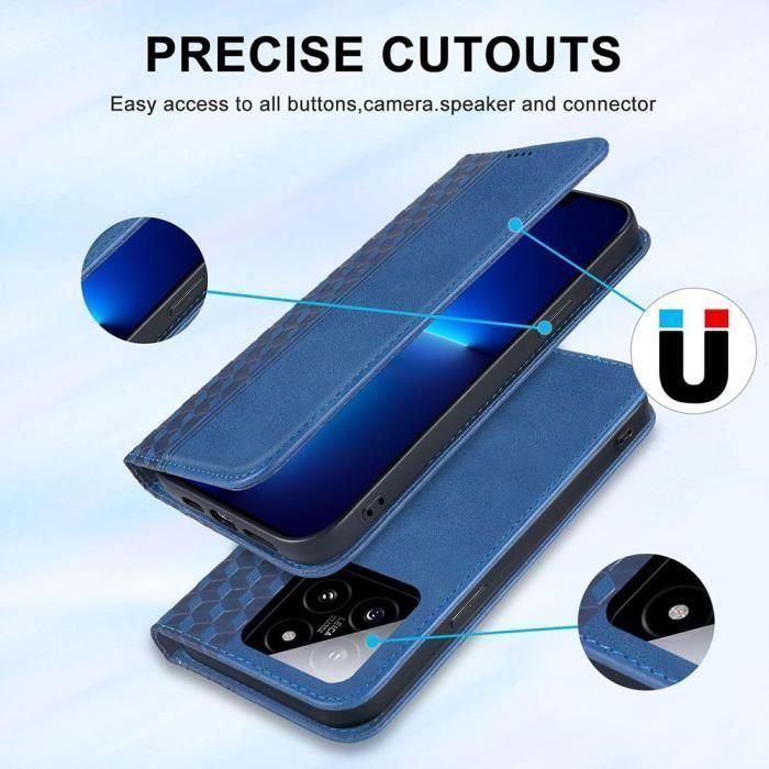 Coque et Verres Trempés pour Xiaomi 14 Pro - Cuir PU Bleu Marine - Motif Mosaïque - Fermeture Magnétique