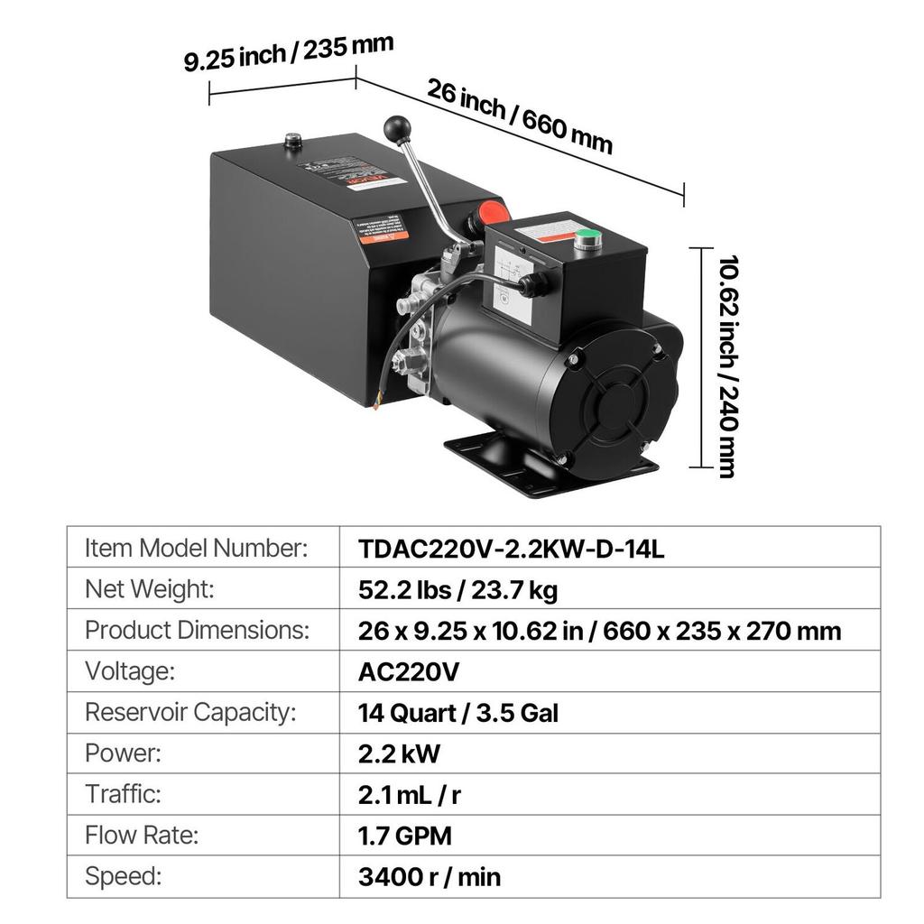 14 L Hydraulic Power Unit, Single Acting Steel Dump Trailer Pump, 22 MPa Max Relief Pressure & 6.3 L/min Flow Rate, 220-240V Hydraulic Pump with Metal