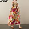 DIMANAF 2023, летнее платье-футболка больших размеров, женское платье трапециевидной формы, богемное свободное платье с цветочным принтом, повседневные платья с круглым вырезом, женское