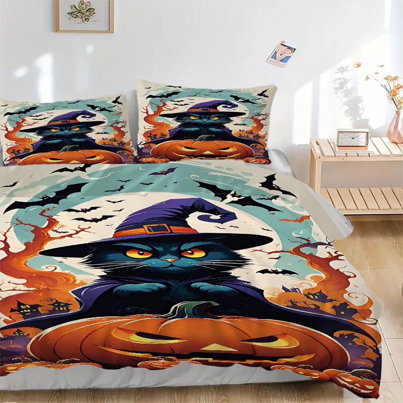 3pcs Halloween Cat Bedding Set, Includes 1 Comforter + 2 Pillowcases, Without Pillow Inserts, Soft Comfortable, Lightweight Breathable079