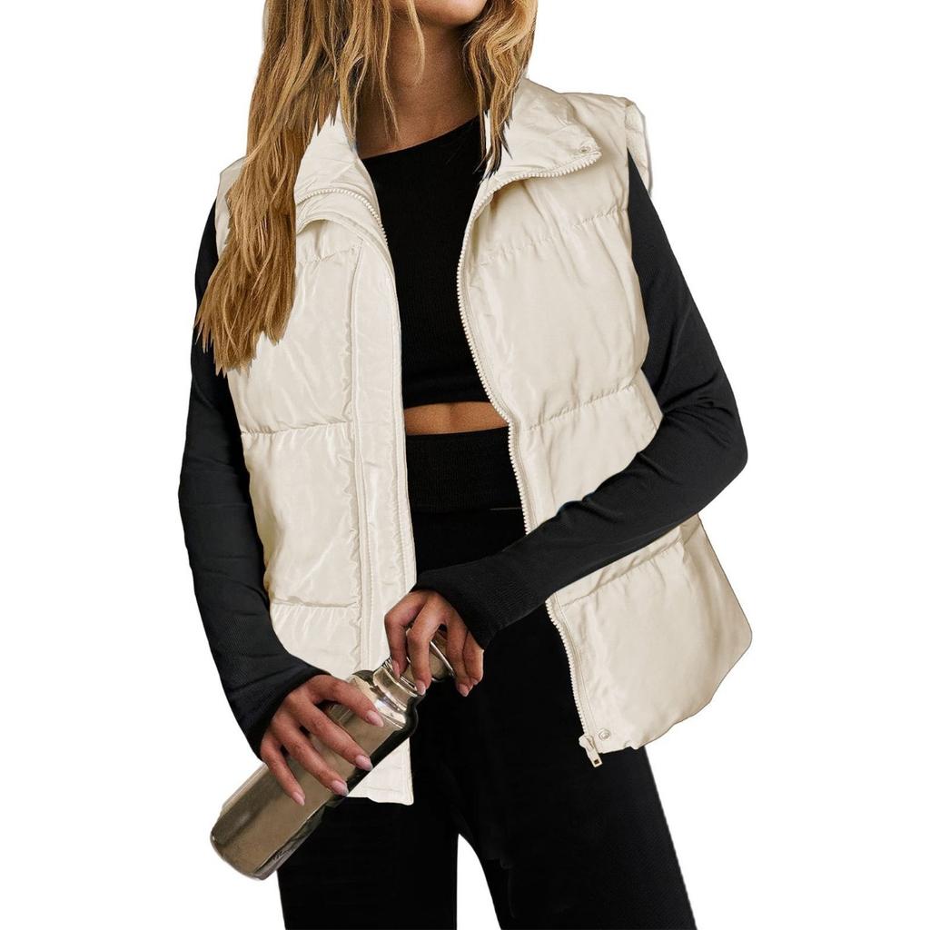 Women's Thickened Cotton Padded Vest Lightweight Stand Collar Sleeveless Winter Warm Zip Up Jacket Vest With Pockets