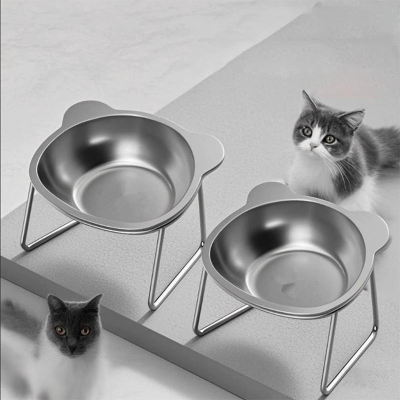 Raised Cat Bowls Tilted Neck Guard Cat Food Bowl 304 Stainless Steel Shatter-Resistant Elevated 15° Pet Supplies For Puppy Cat