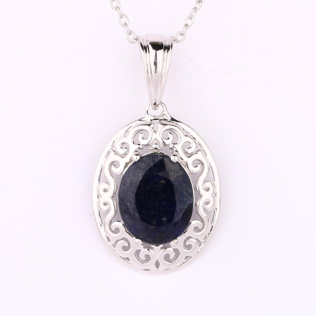 925 Sterling Silver Dyed Sapphire Oval Pendant 11x9mm Rhodium Plated Handmade Fine Jewelry Gift for Her