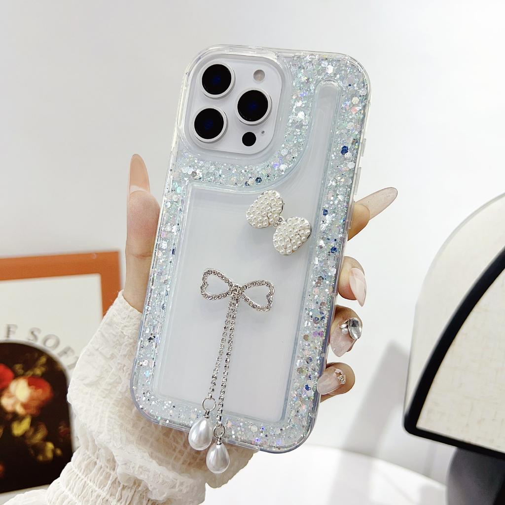 For iPhone 16 Pro Max Case with Bow Decor Glitter Rhinestone Epoxy Design TPU Phone Cover