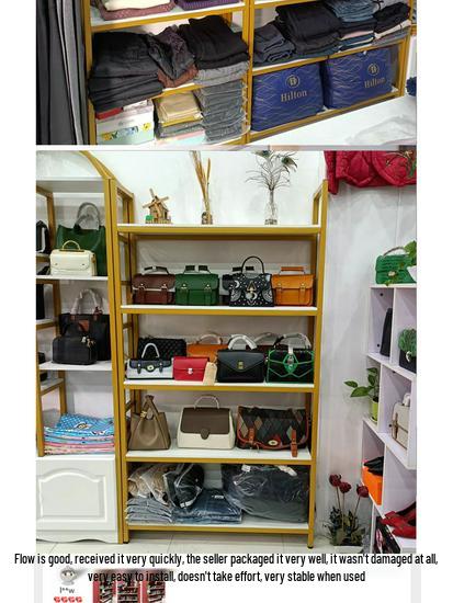 Steel and Wood Multi-Layer Display Rack for Shelving Shoe Bags, Cosmetics, and More in Convenience Stores or Supermarkets.