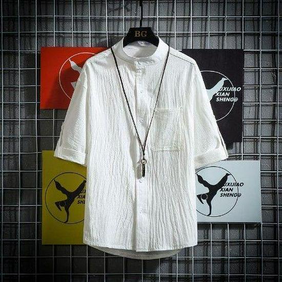 Мужская рубашка больших размеров в японском стиле с воротником-стойкой и короткими рукавами, однотонная