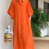 Сплошное однобортное длинное платье с лацканами и полукруглыми рукавами для женщин, свободная одежда, весенне-летнее платье-рубашка