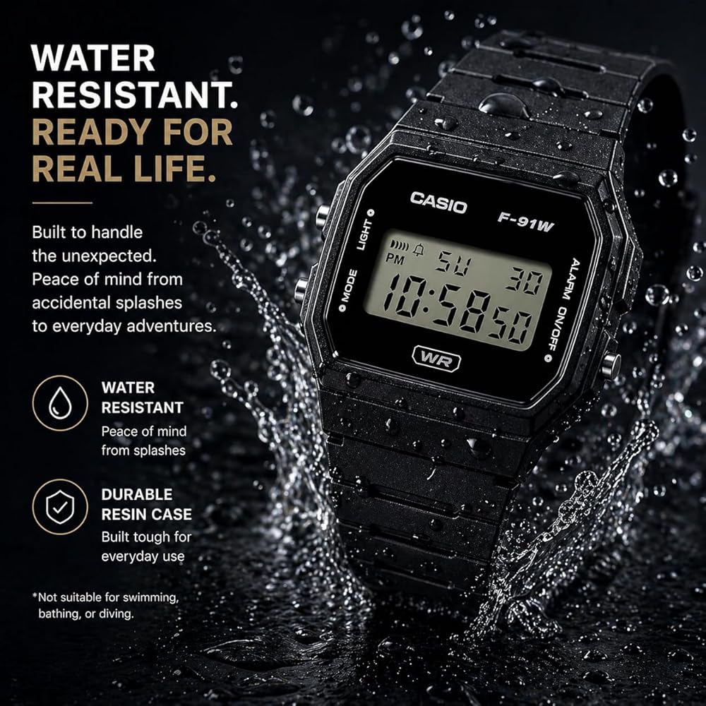 Casio F91W Digital Watch Waterproof LED Light Stopwatch 1/100 Sec Black/White Minimalist Design