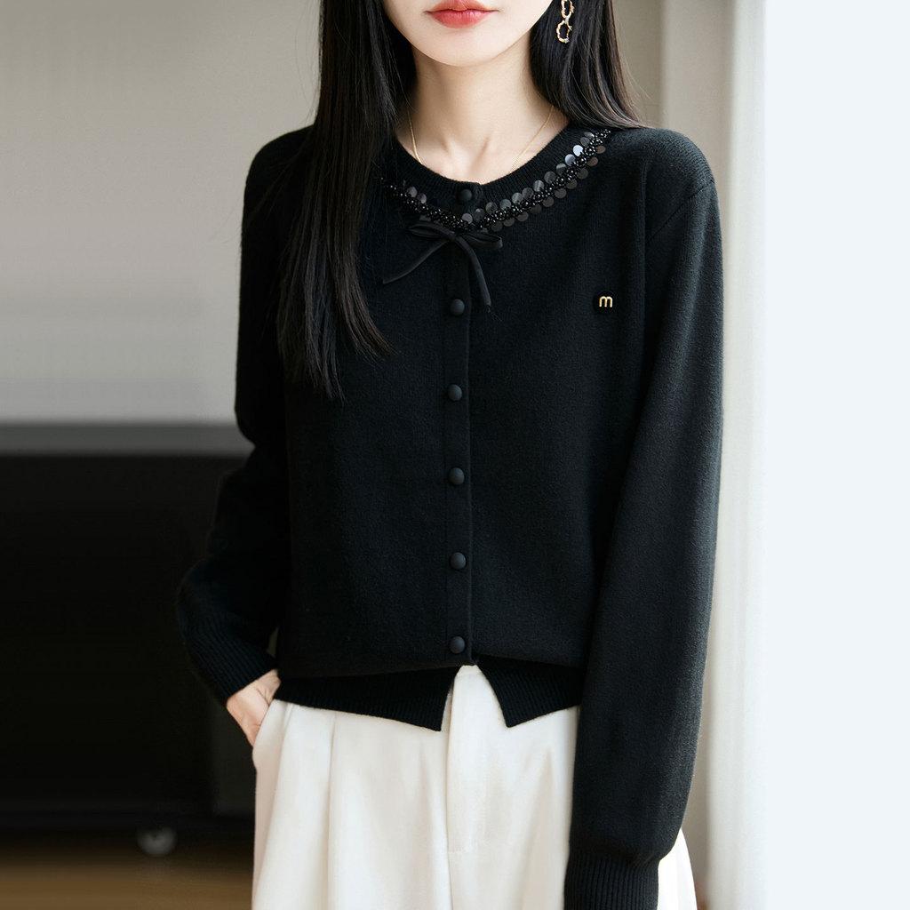 Womens Knit Cardigan With Sequins And Bow Decorations For Autumn Casual Wear