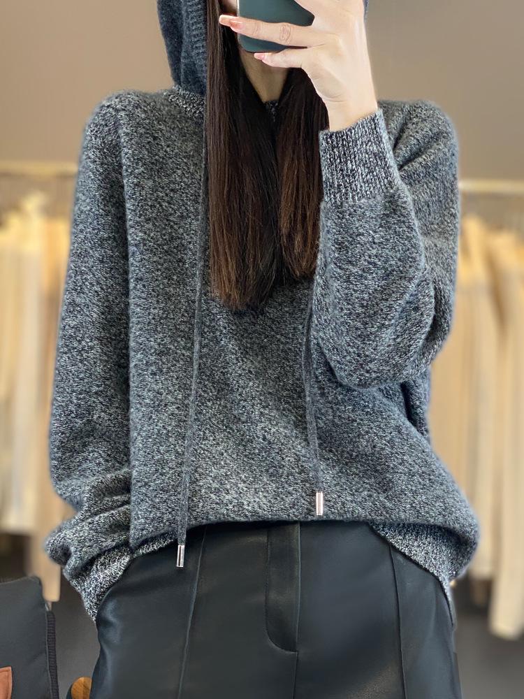 Женский свитер с капюшоном из 100% шерсти: Осень/Зима Свободный Крой, Худящая Толстовка с Капюшоном