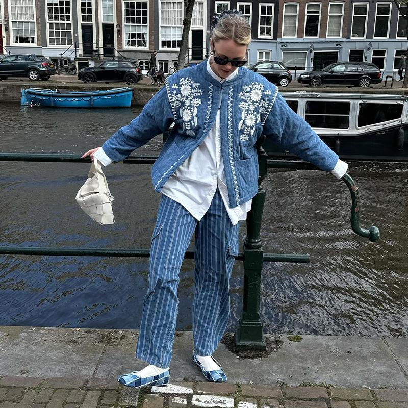 Floral Embroidery Women Jacket Blue Cardigan Warm Women's Winter Jackets Pockets High Street Outerwears Female New In Coats