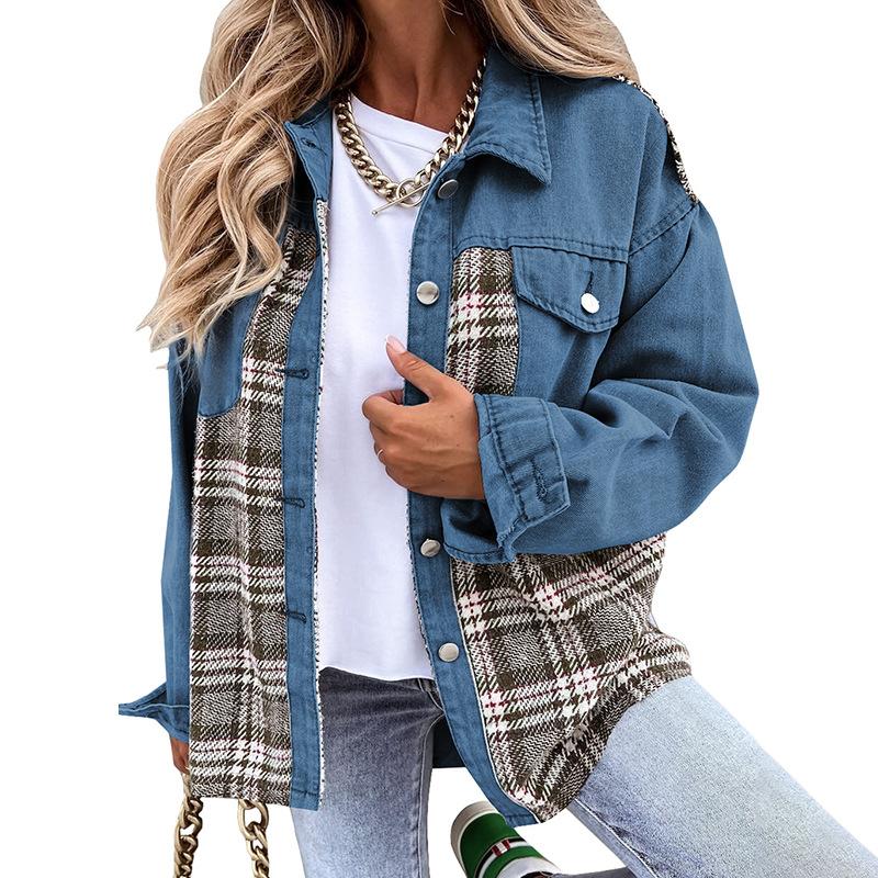 Женские джинсовые куртки Женские джинсовые куртки больших размеров для платьев в клетку с длинным рукавом и карманом с клапаном