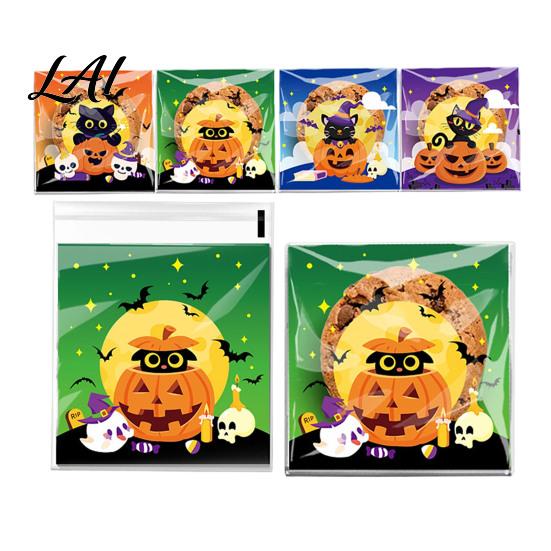 Self Adhesive Treat Bags 100 Pcs Small Halloween Bags Seal Clear Candy Dessert Snack Cookie Trick or Party Favors for Holiday Cute Cartoon Pouches